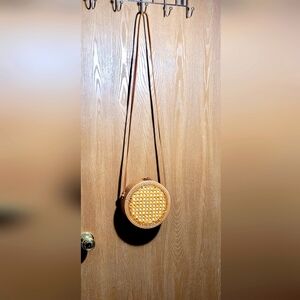 Round Woven Rattan Crossbody Bag - Tan